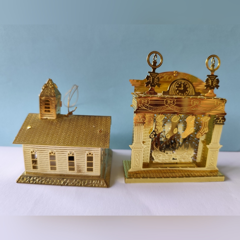 Christmas Ornaments Gold Finish Church and Fireplace